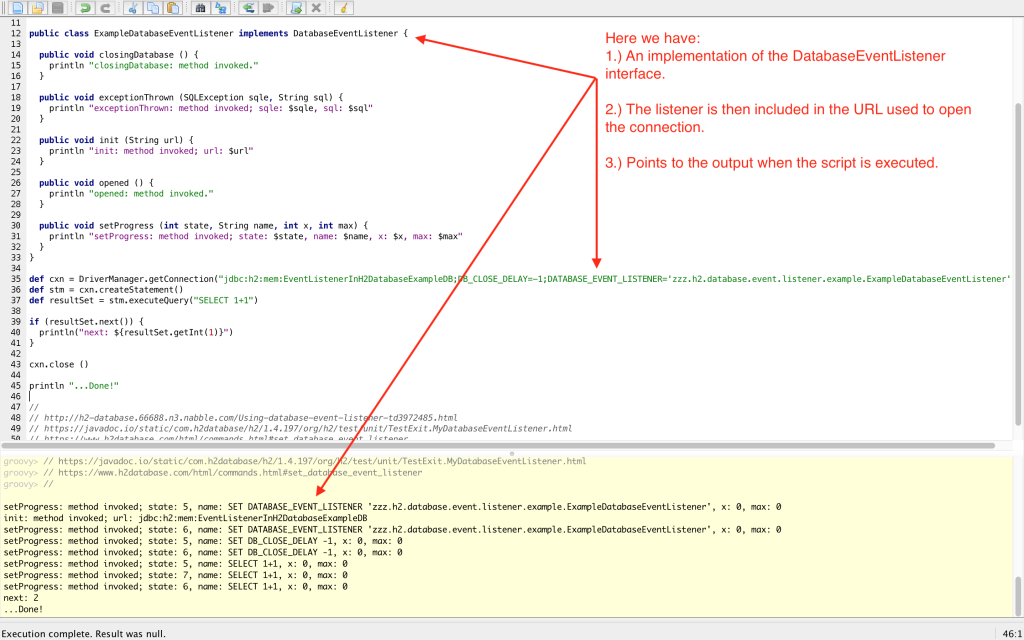H2 DatabaseEventListener implementation in Groovy with pointers to the interface, the connection URL, and the output.