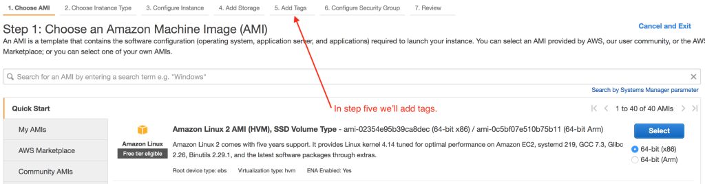 Adding tags in step 5 when creating an instance of an Amazon Machine Image (AMI)