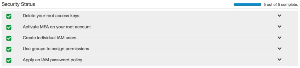 Amazon Web Services AWS Instance Access Manager IAM Security Status with 5 out of 5 complete