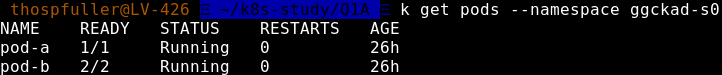 User enters "k get pods --namespace ggckad -s0" and the output indicates both pod-a and pod-b are both running.