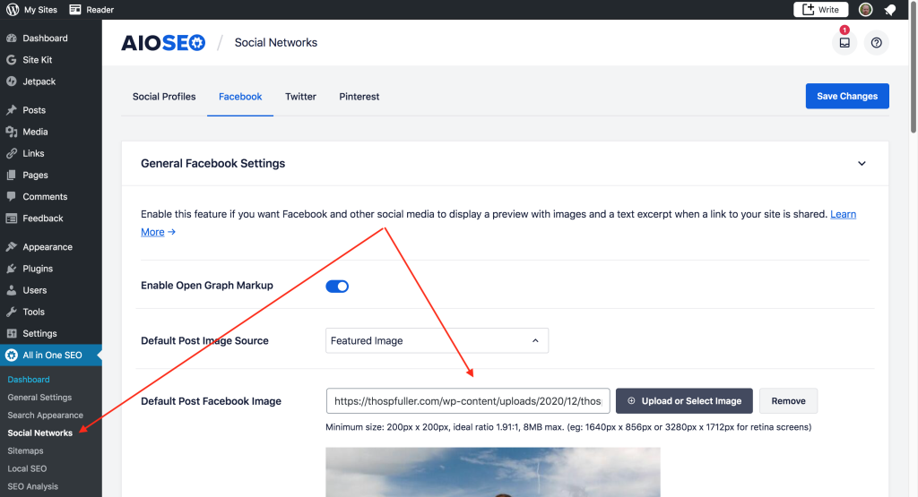 The AIOSEO Social Networks Facebook tab included here with a pointer to the Default Post Facebook Image which, when set, will remedy this issue.