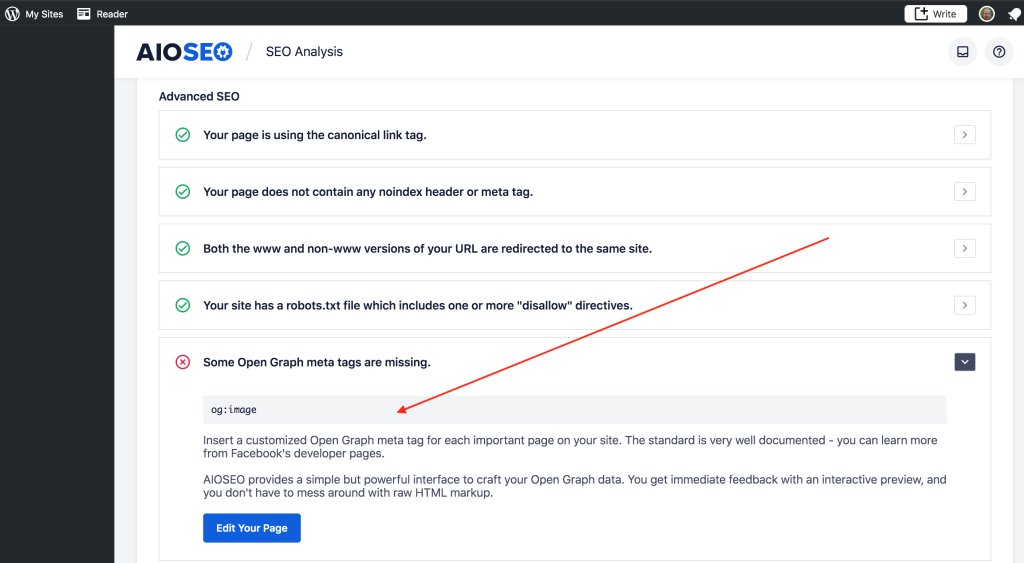 AIOSEO All In One SEO Pack SEO Analysis with a pointer to "Some Open Graph meta tags are missing." for the og:image meta tag.