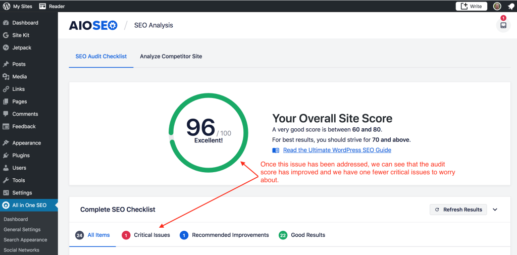 The AIOSEO Technical SEO Audit score of 96% has improved after setting the Default Post Facebook Image and we have fixed the og:image Open Graph Meta Tags are Missing critical issue.