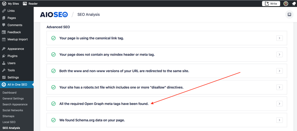 AIOSEO SEO Analysis Advanced SEO Results with a pointer to the notification that "All the required Open Graph meta tags have been found."