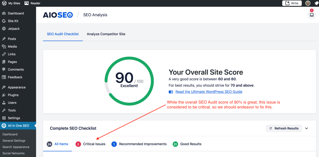 AIOSEO All In One SEO Pack SEO Analysis SEO Audit Checklist with "Your Overall Site Score" of 90% and a pointer to two critical errors, one of which involves the og image Open Graph meta tags checker to determine that the image has not been set.