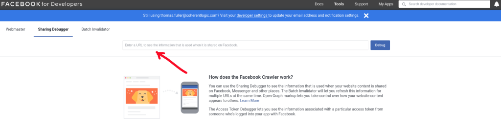 The Facebook for Developers Sharing Debugger with a pointer to the target URL text box.