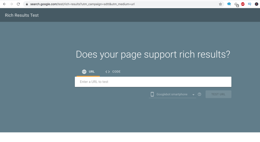 Google Search Console Rich Results Test page with "Does your page support rich results?" and a text box that reads "Enter a URL to test".