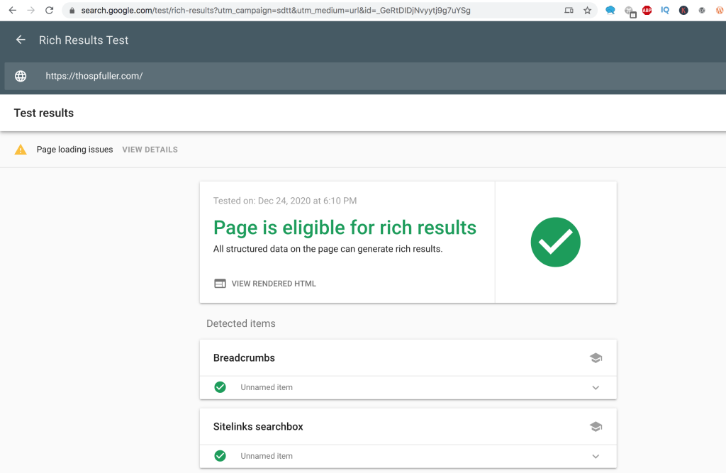 Google Search Console (GSC) Rich Results Test 2 with "Page is eligible for rich results" visible.