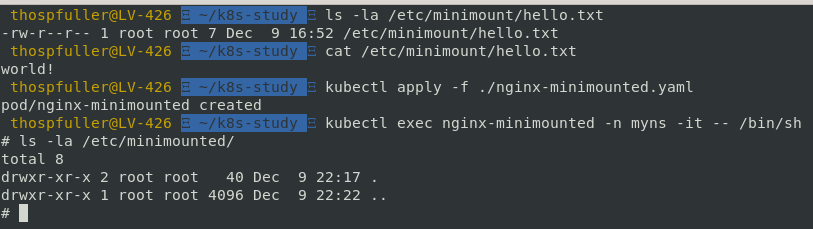 Terminal shell output demonstrating that the /etc/minimounted/ directory is empty after applying the Kubernetes minikube configuration changes.