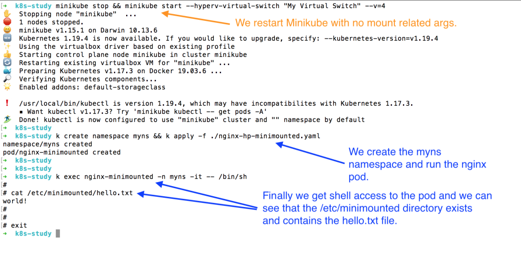 Terminal / Oh My Zsh output for Solution #1: Mount a subdirectory in a pod in Minikube within user home. We 1.) restart minikube with no mount-related args, then 2.) we create the 'myns' namespace and run the nginx pod, finally 3.) we get terminal access to the pod and can see that the /etc/minimounted directory exists and contains the hello.txt file.