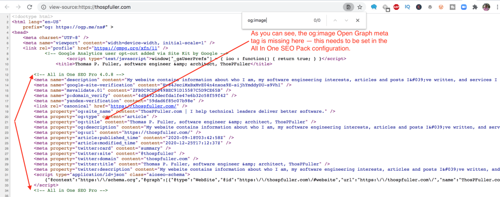 Page source of ThosPFuller.com with pointers to the og:image Open Graph meta tag block.