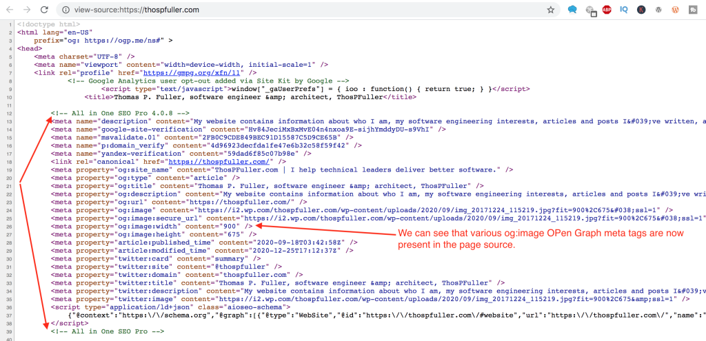 Page source of ThosPFuller.com with pointers to the Open Graph meta tag block.