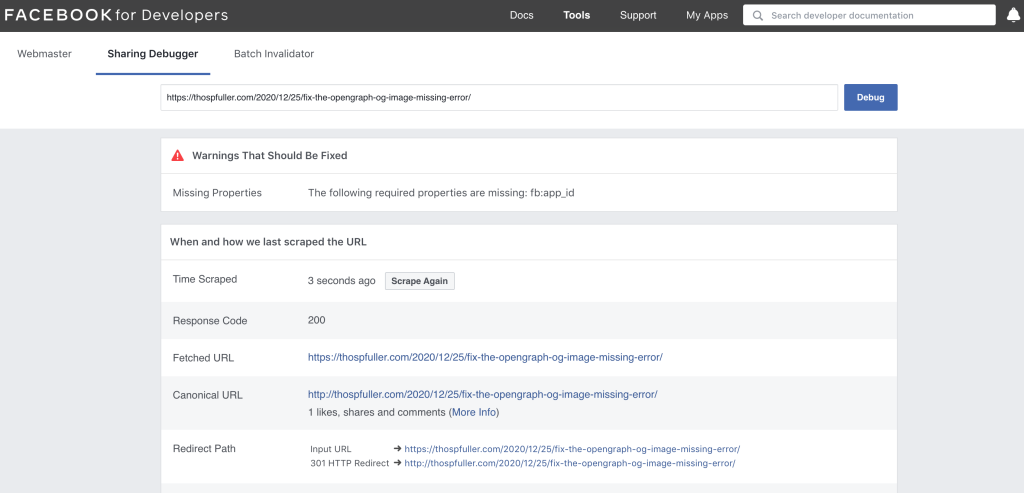 The Facebook for Developers page with only one warning which pertains to a missing fb:app_id.