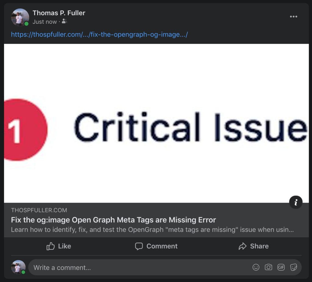 A Facebook preview of a message regarding the og:image Open Graph meta tag which has "1 Critical Issue" in the middle.