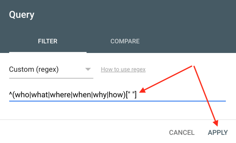 Add the custom regular expression (gsc regex) to the query filter and apply to filter the question based keywords.