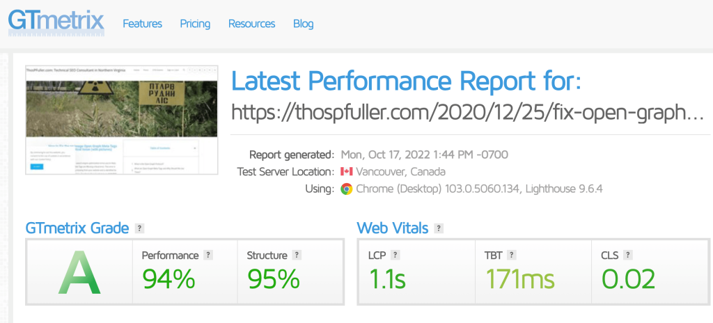 The GTMetrix Performance Report for the Technical SEO article entitled "Hot to Fix the og:image Open Graph Meta Tags Are Missing Critical Issue". with a grade of A, performance at 94% and structure at 95%; web vitals include an LCP at 1.1s, TBT at 171ms, and CLS at 0.02.