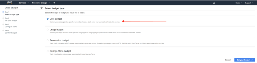 AWS Budgets: Select Budget Type with a pointer pointing to the AWS Create a budget cost budget option.