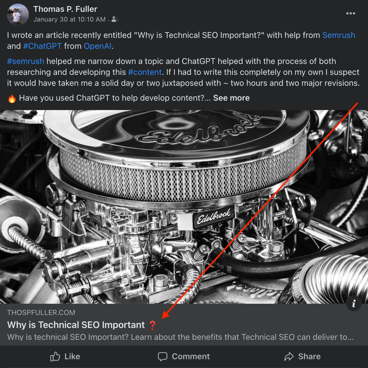 Facebook post demonstrating the blog post title with a pointer to the red question mark emoji.