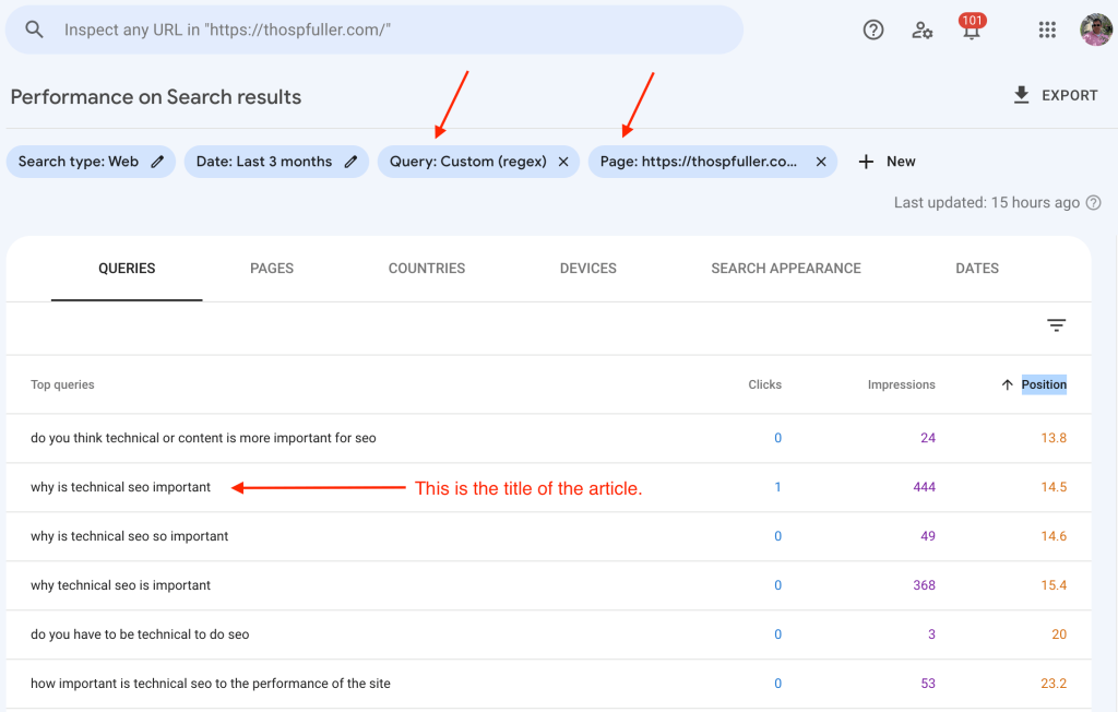 Google Search Console Regex (GSC regex) for question-based search queries that the article entitled "Why Is Technical SEO Important?" ranks for with pointers to the GSC regex, the page, and the title of the article.