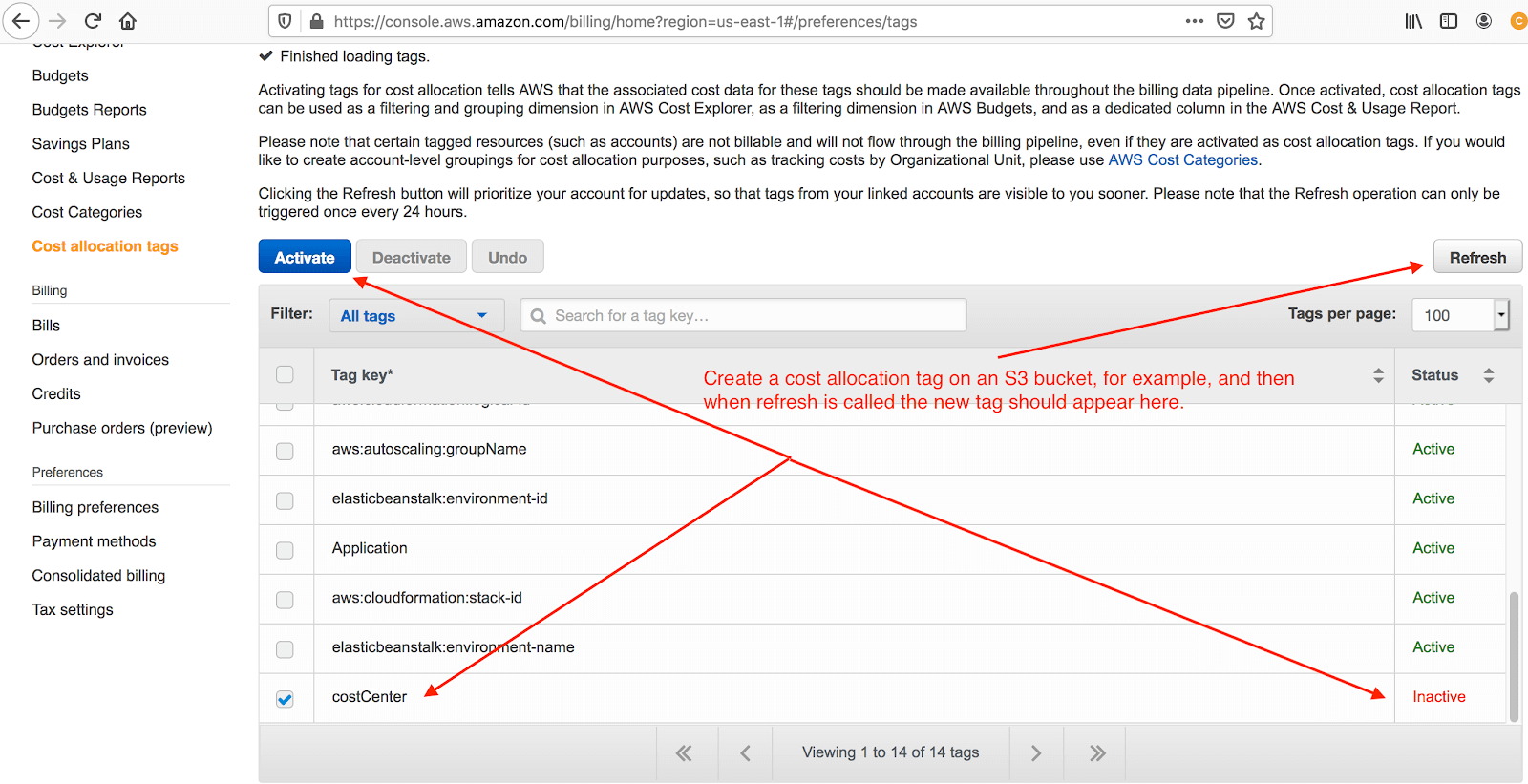 AWS Cost Allocation Tags with the costCenter tag with inactive status and pointers to the activate and refresh buttons.