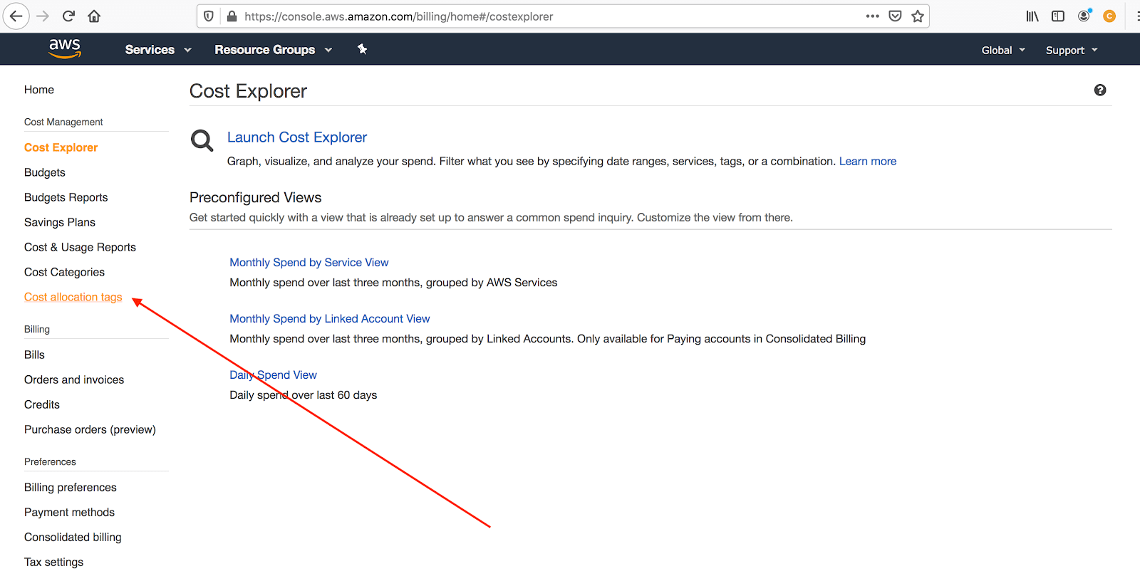 AWS Cost Explorer with a pointer to the AWS Cost Allocation Tags menu option.