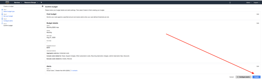 AWS budget: confirm and create page with a pointer to the create button.