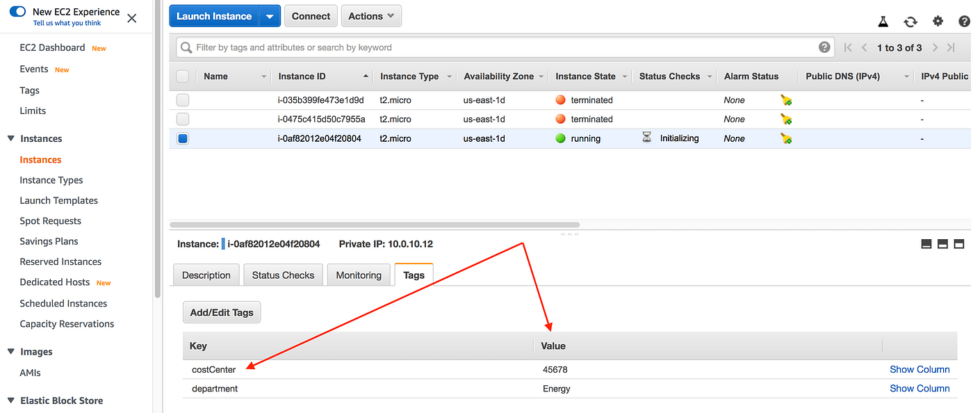 EC2 Dashboard EC2 Instances with pointers to the costCenter and department AWS Cost Allocation Tags keys and values.