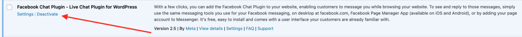 The WordPress plugins page with a pointer to the option to deactivate a WordPress plugin when attempting to fix the WordPress pages use too many JavaScript and CSS files SEMrush Site Audit issue.