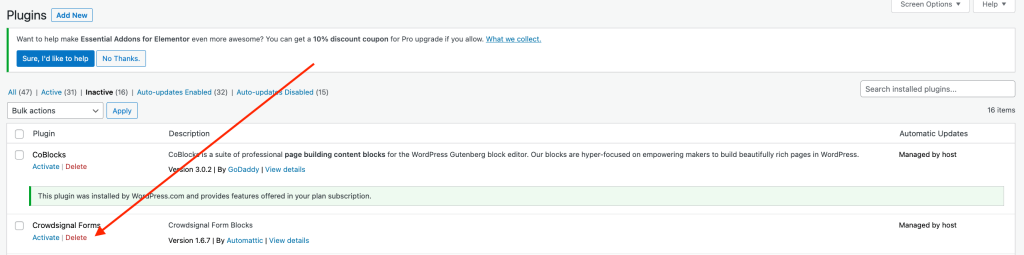 The WordPress plugins page with a pointer to the option to delete a plugin -- this is the last step when attempting to fix the WordPress pages use too many JavaScript and CSS files SEMrush Site Audit issue.