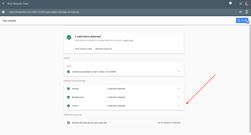 How to Fix the og:image Open Graph Meta Tags are Missing Critical Issue HowTo schema with Rich Results Test showing structured data has been detected.
