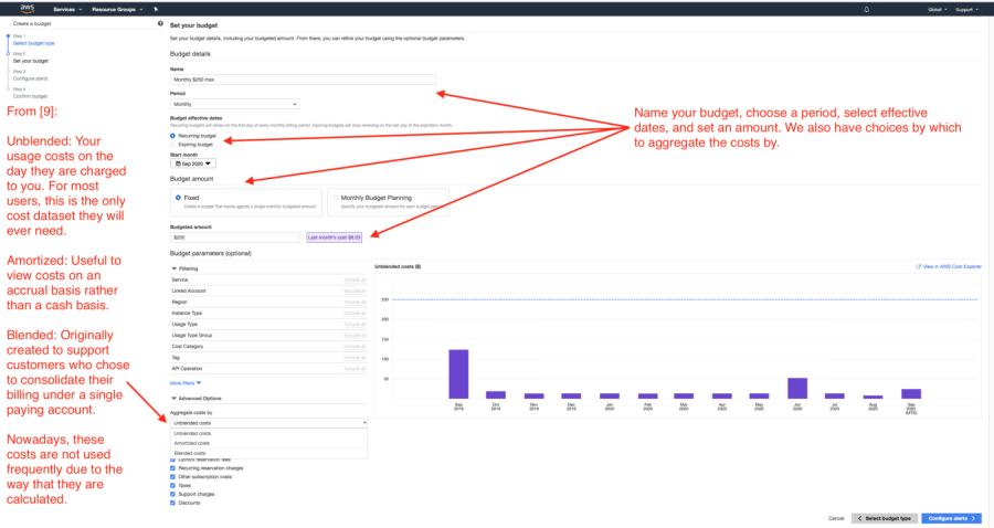 Set your AWS Budget page with pointers to the AWS budget name, period, effective dates, and amount along with choices for cost aggregation