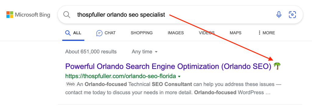 Bing search results for the "ThosPFuller Orlando SEO Specialist" query with a pointer to the palm tree emoji.