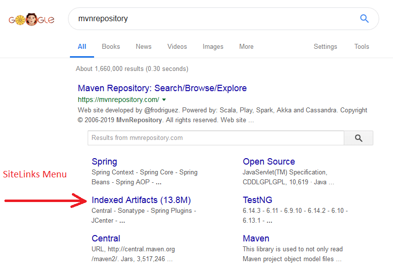 A pointer to the Sitelinks Menu on the first page of Google search results.