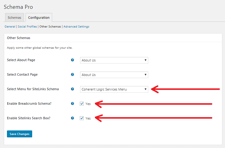 Schema Pro Configuration Settings with pointers to the SiteLinks Schema for a specific menu, enable breadcrumbs set to yes, and enable Sitelinks Search Box also set to yes.