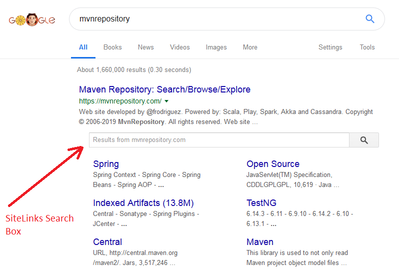 A pointer to the Sitelinks Search Box in the Google search engine results page.