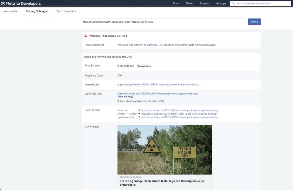 The results of running the Facebook Open Graph testing tool on a webpage.
