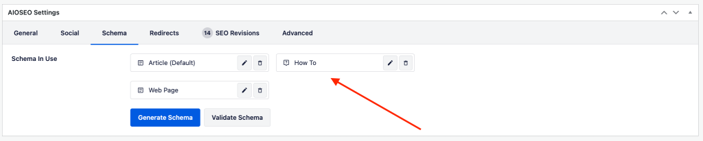 All In One SEO Plugin for WordPress schema in use option with a pointer to the HowTo Schema.