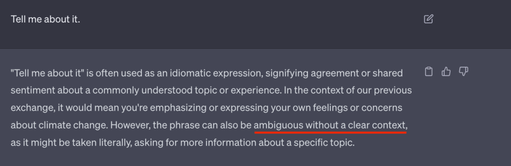 Chat GPT Initial Prompt: Vague and ambiguous example where the prompt is simply "Write about it".
