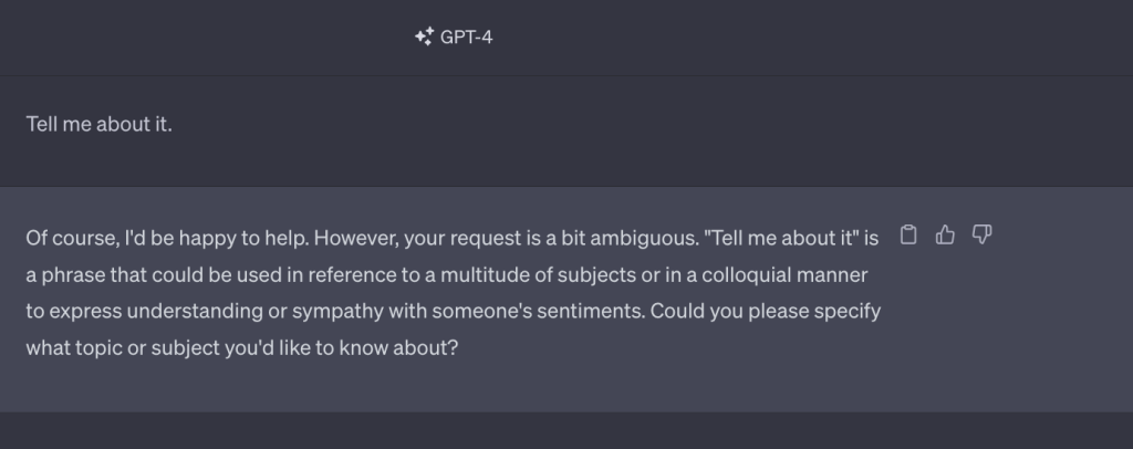 Chat GPT Initial Prompt: Vague and ambiguous example where the prompt is simply "Write about it" and the chat session with the AI is new.