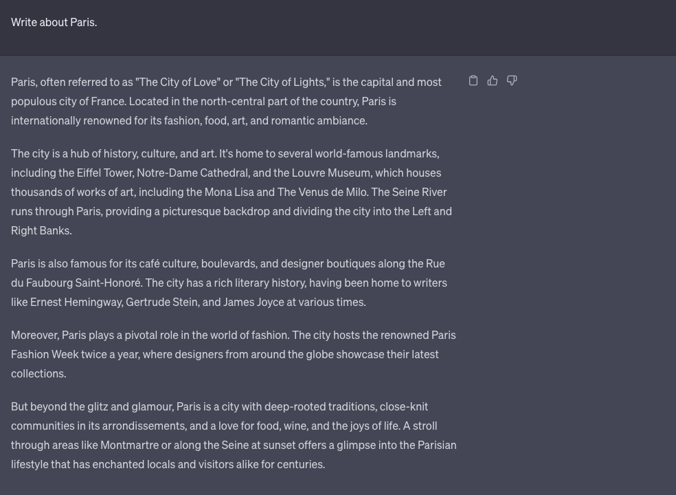Chat GPT Initial Prompt: Not Setting Parameters Example where the prompt is simply "Write about Paris."
