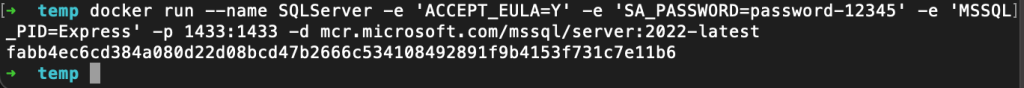 The Docker run command for MS SQL Server on Mac OS.