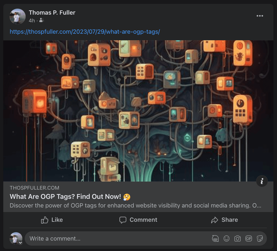 A post on Facebook for the article entitled "What are OGP Tags?" which uses Open Graph Protocol tags and is rendered correctly in this example.