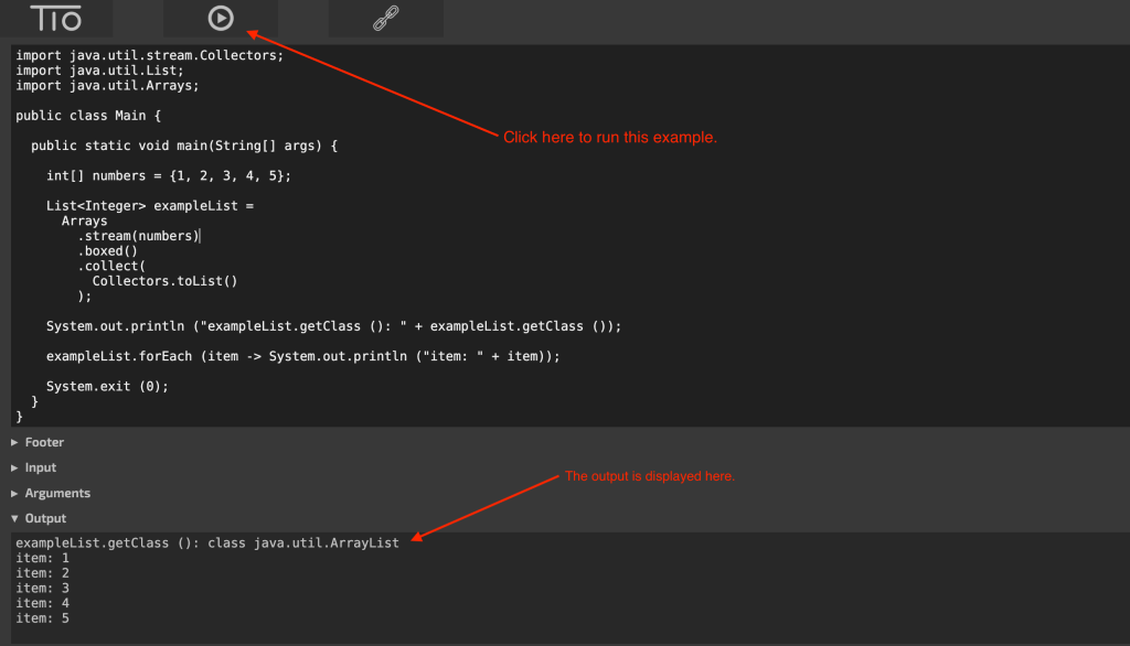 The tio.run (Try It Online) script and output with pointers to the button to click in order to run the script along with a pointer to the output.