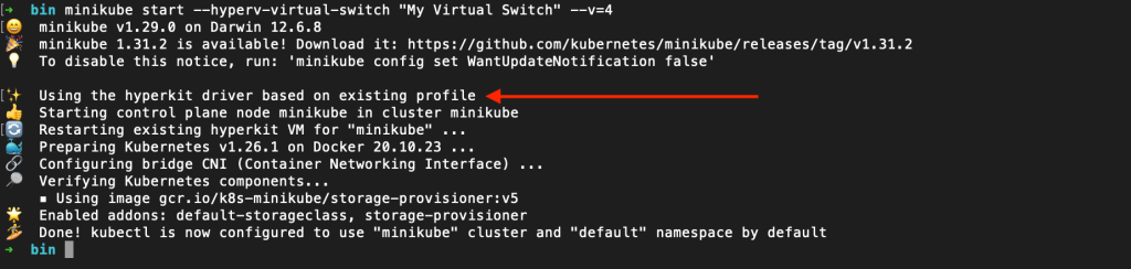 Command line output when starting the minikube cluster with the hyperkit driver using the command "minikube start --hyperv-virtual-switch "My Virtual Switch" --v=4".