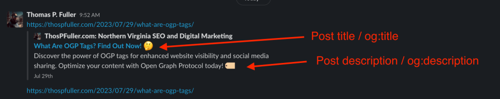 A URL rendered in Slack with pointers to the og title and Open Graph description tags.