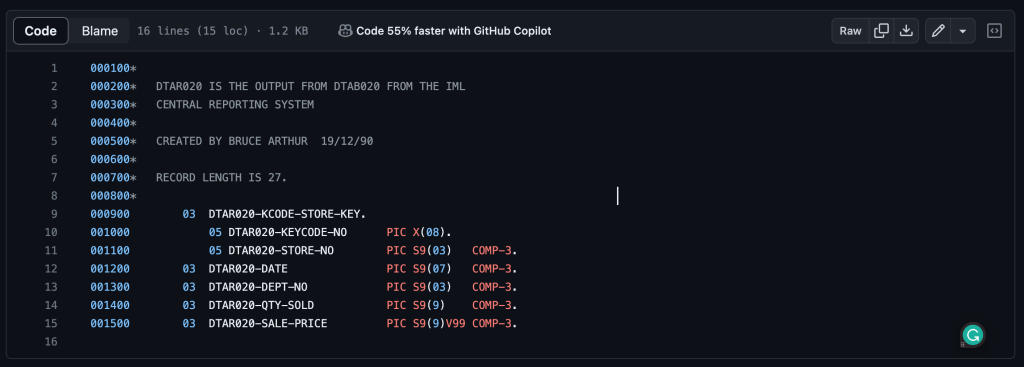 A COBOL Copybook example.
