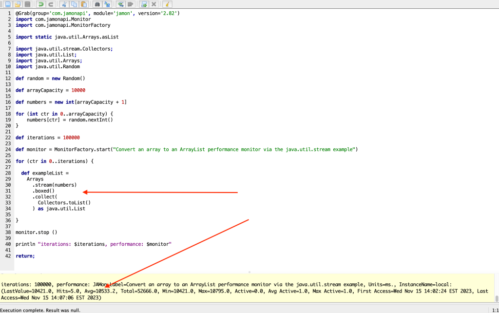 Example Two: performance test script for the java.util.stream approach to converting an array to an ArrayList in Java with a pointer to the section of code where the conversion takes place and the average time to run this script five times at around 10.5 seconds.