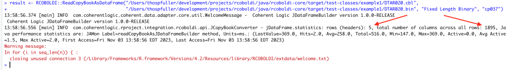Example output when the ReadCopyBookAsDataFrame function is called successfully in RStudio with pointers to the number of rows (headers, 5 in this example) and the total number of columns across all rows (1845 in this example).