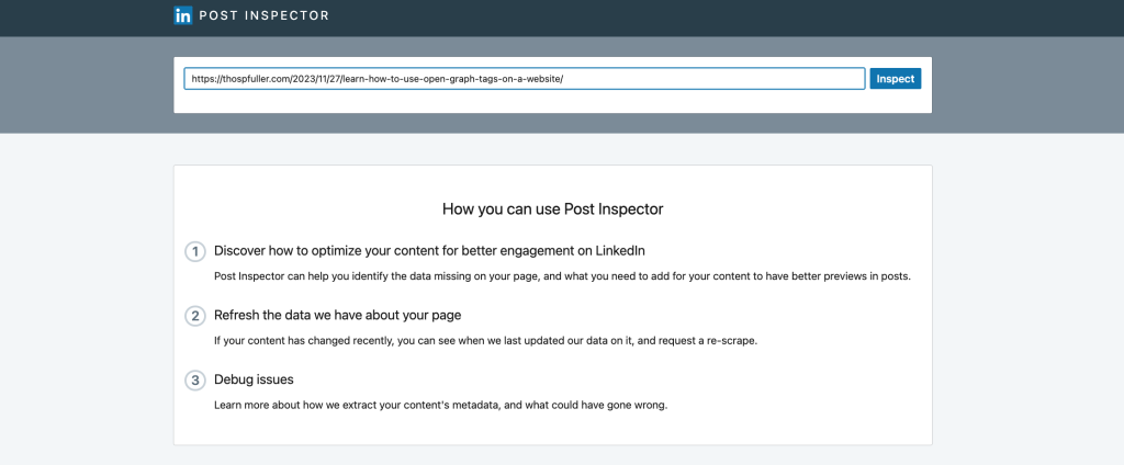 LinkedIn Post Inspector Open Graph testing tool landing page with a URL set to the article regarding how to use Open Graph tags on a website.