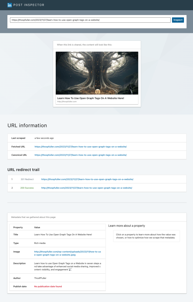 The LinkedIn Post Inspector Open Graph Test Tool Results Page.